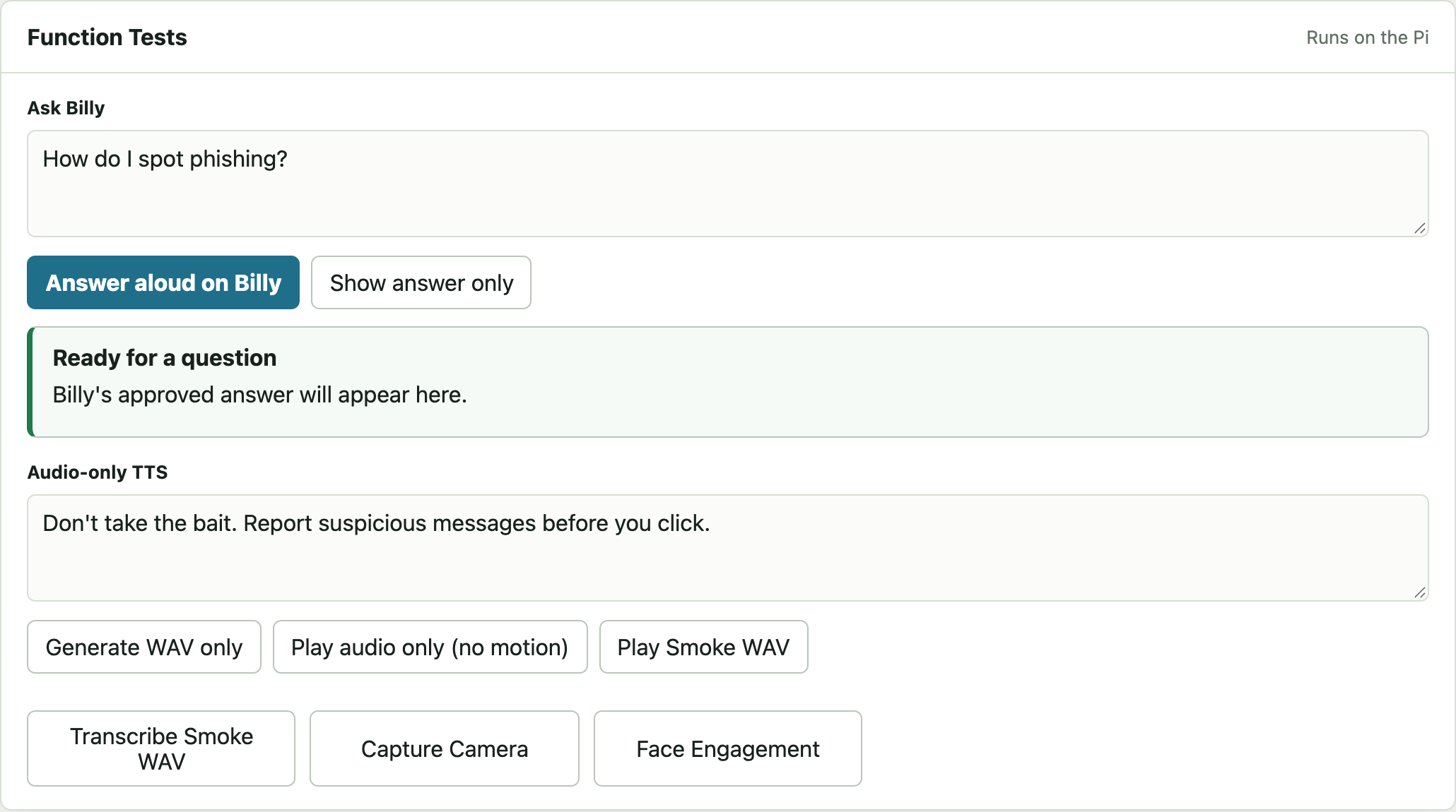 Figure 1. Function Tests separates silent answers, speaker playback, synthesis, and recognition.