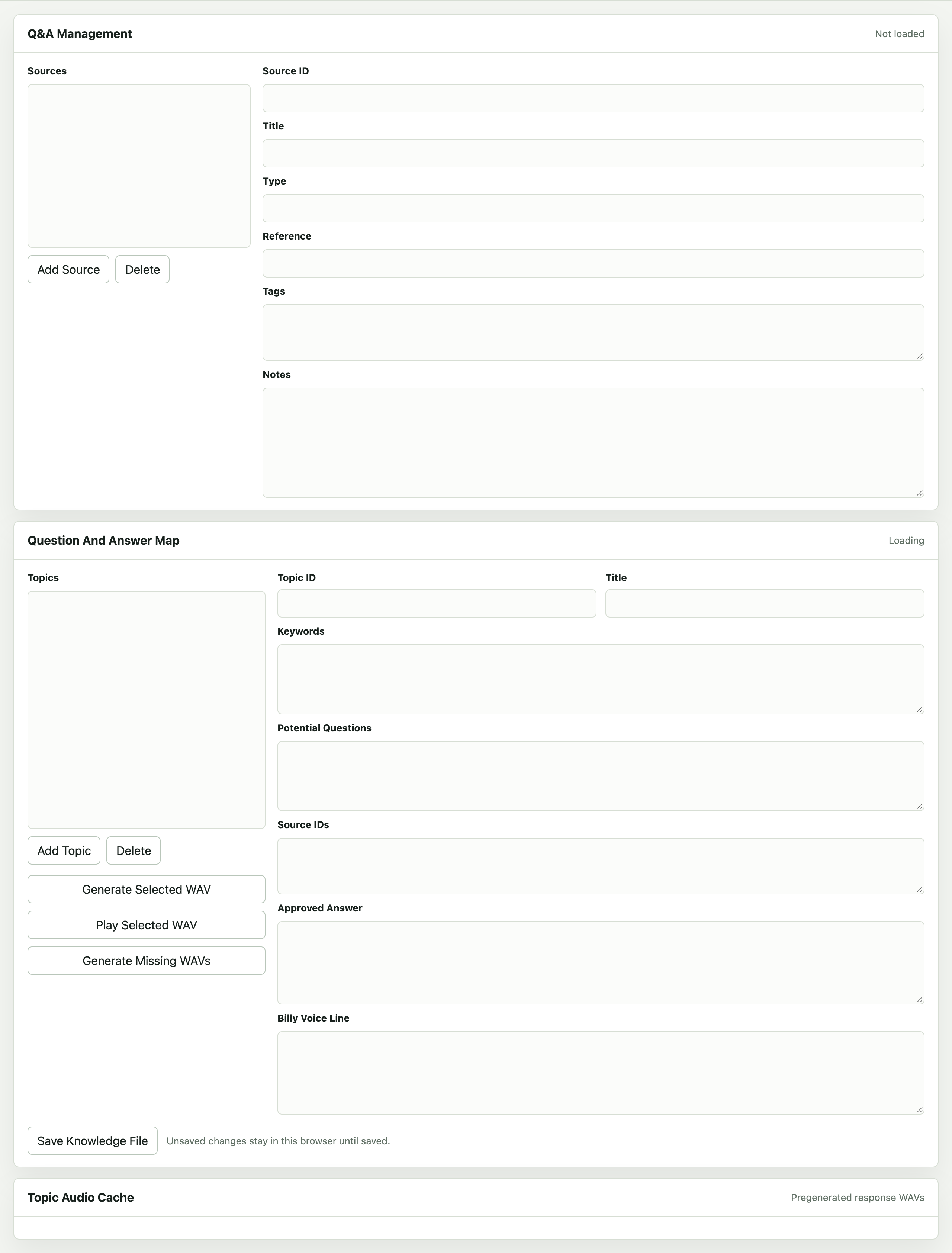 Figure 5. Q&A Management, sources, topic fields, and audio cache controls.